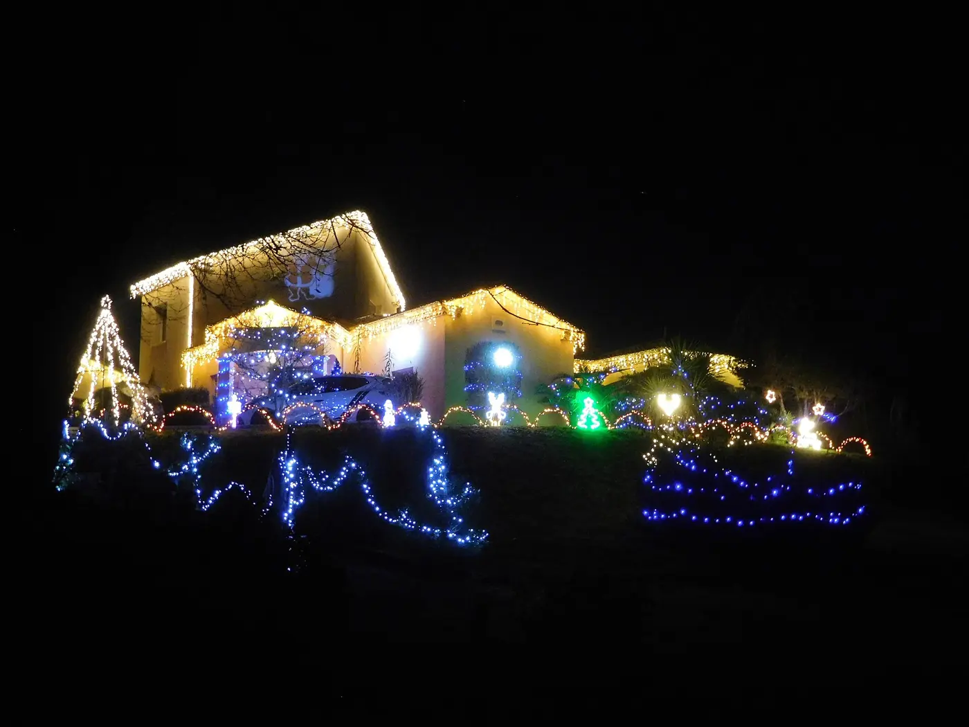 House lit with Christmas lights at night